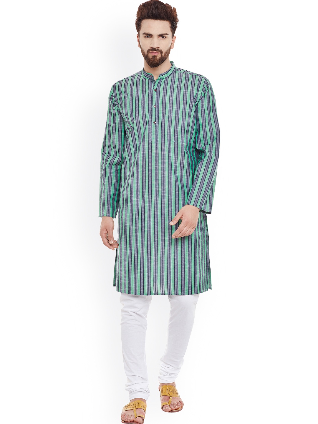 

even Men Green & Blue Striped Straight Kurta