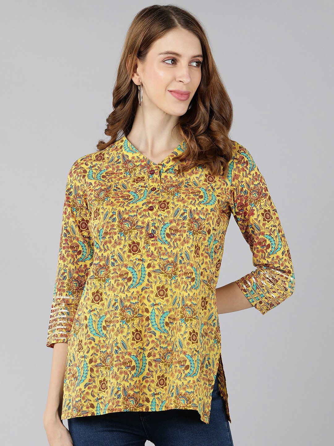 

kipek Yellow Floral Print Mandarin Collar Top