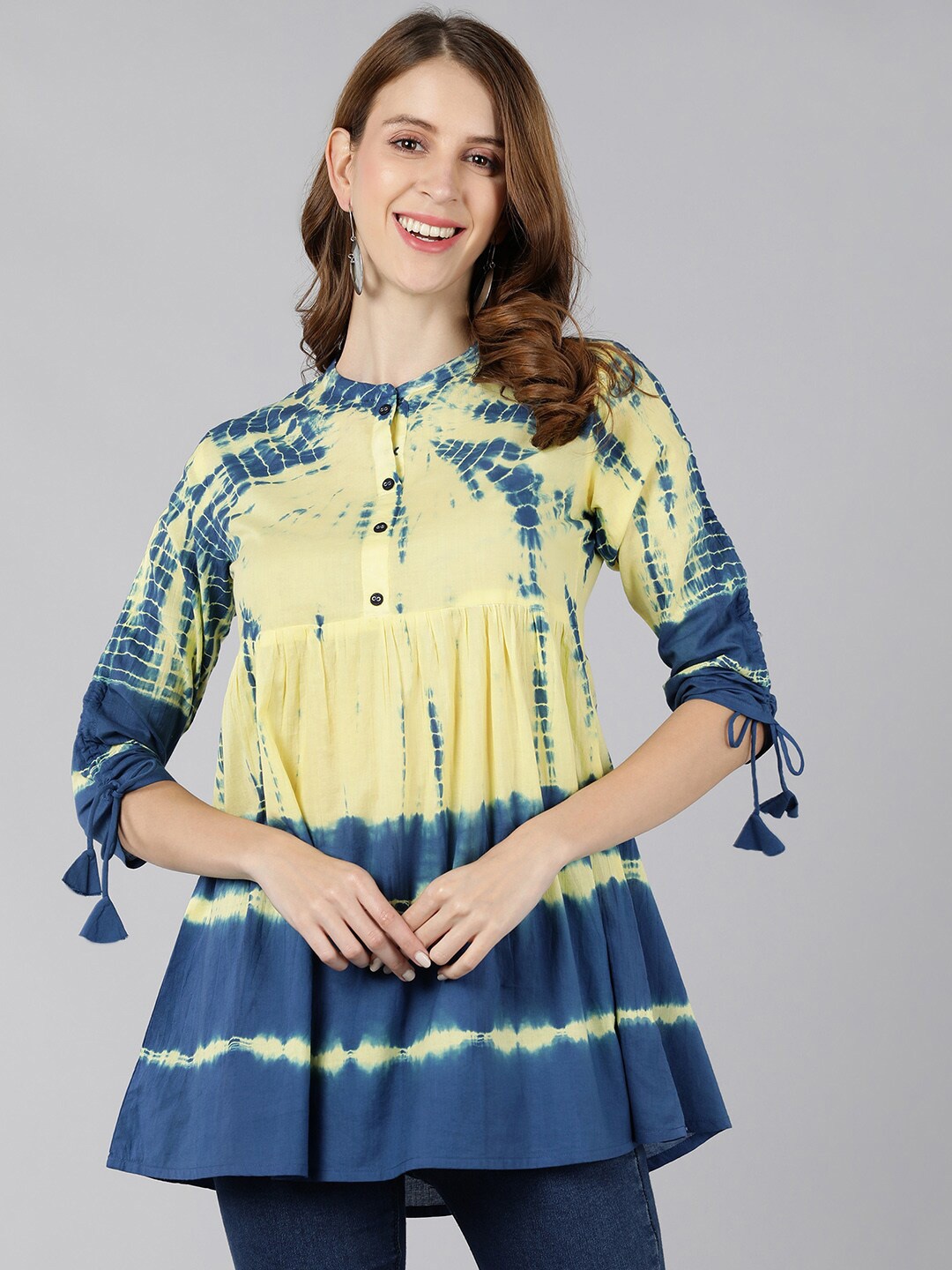 

kipek Yellow & Blue Tie and Dye Mandarin Collar Top