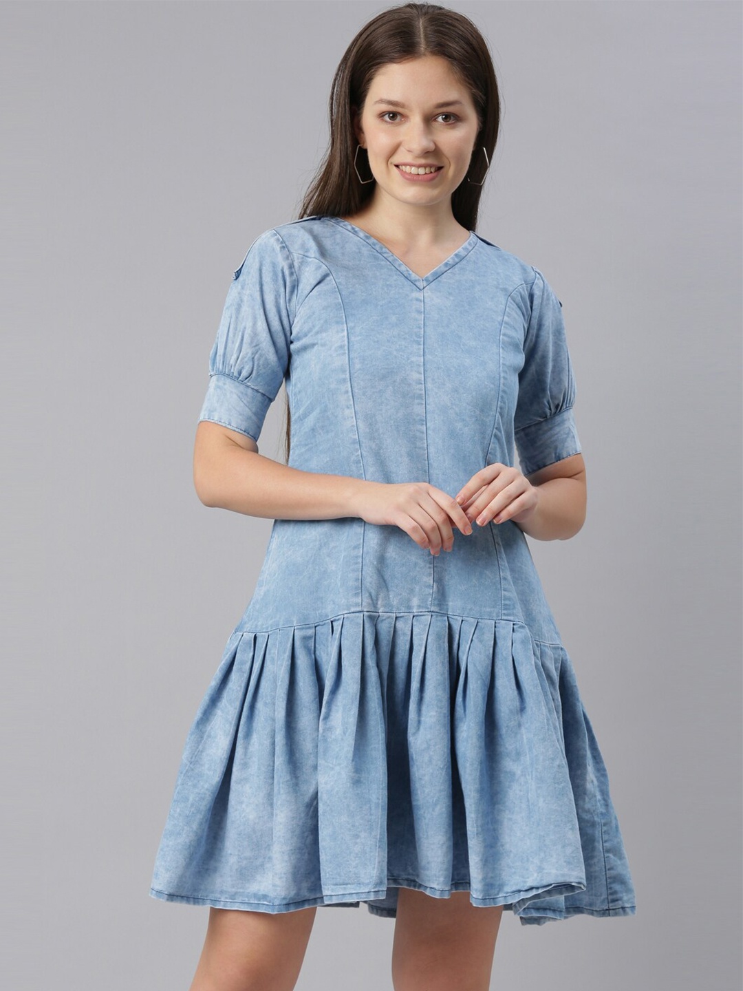 

ZHEIA Blue Solid Denim Casual Drop-Waist Dress