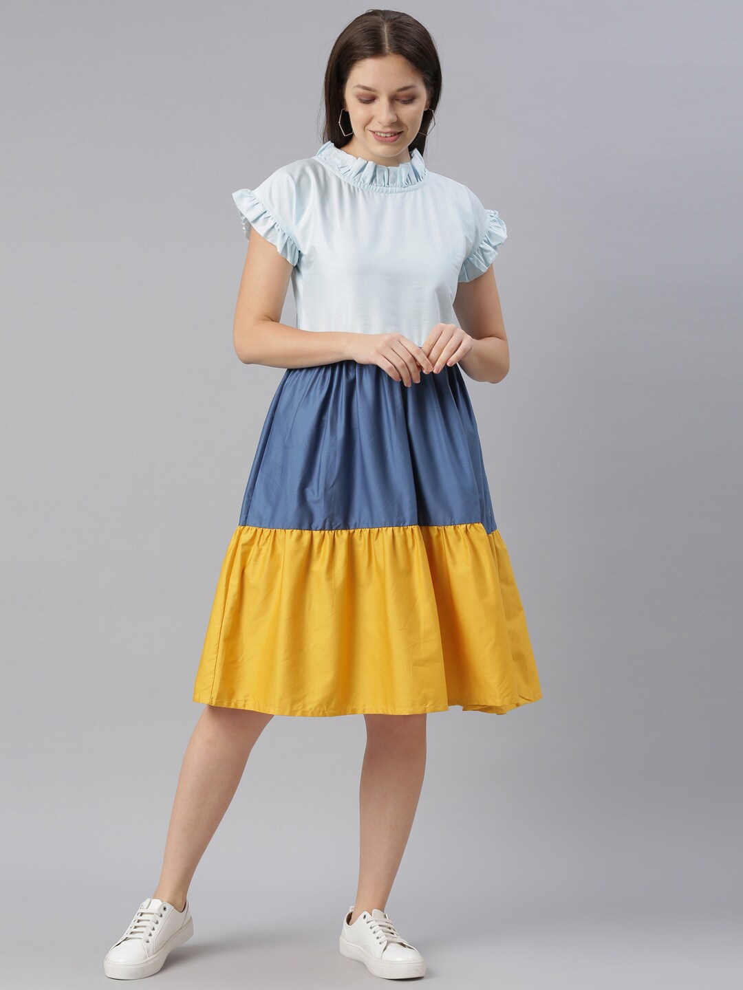 

ZHEIA Women Blue & Yellow Colourblocked Dress