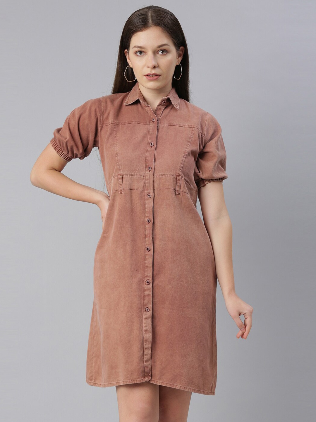 

ZHEIA Rust Solid Cotton Shirt Dress