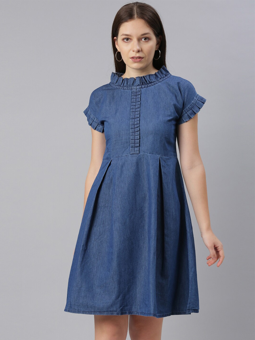 

ZHEIA Blue Fit & Flare Denim Cotton Dress