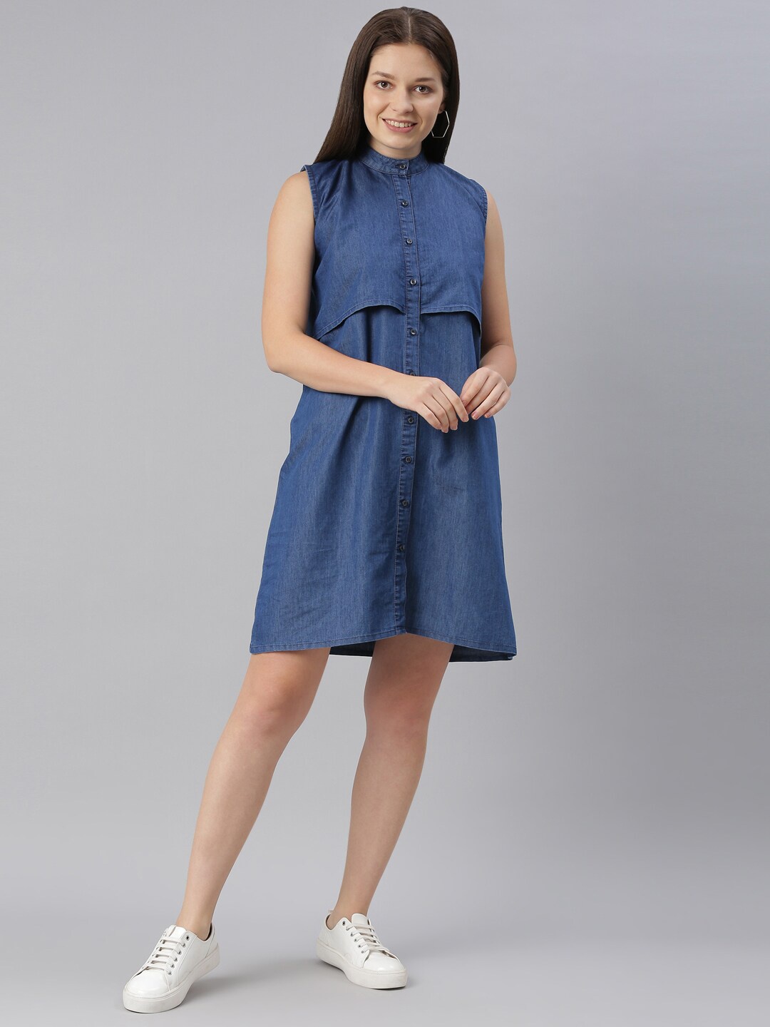 

ZHEIA Women Blue Solid Denim Shirt Dress