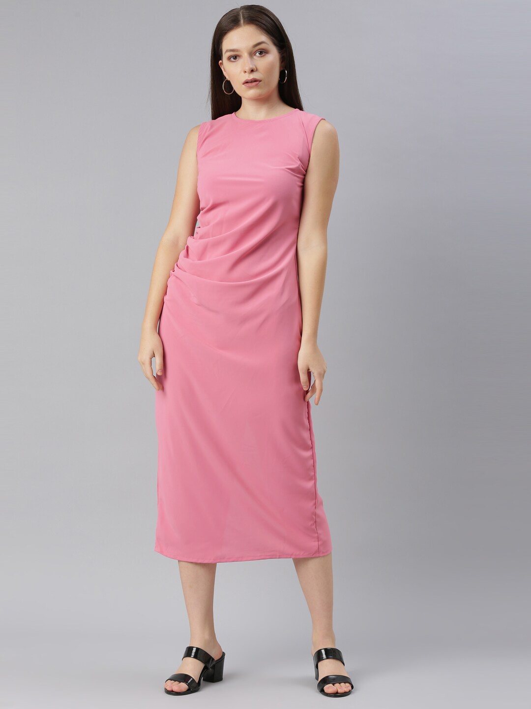 

ZHEIA Pink Solid Round Neck Crepe Casual Sheath Midi Dress