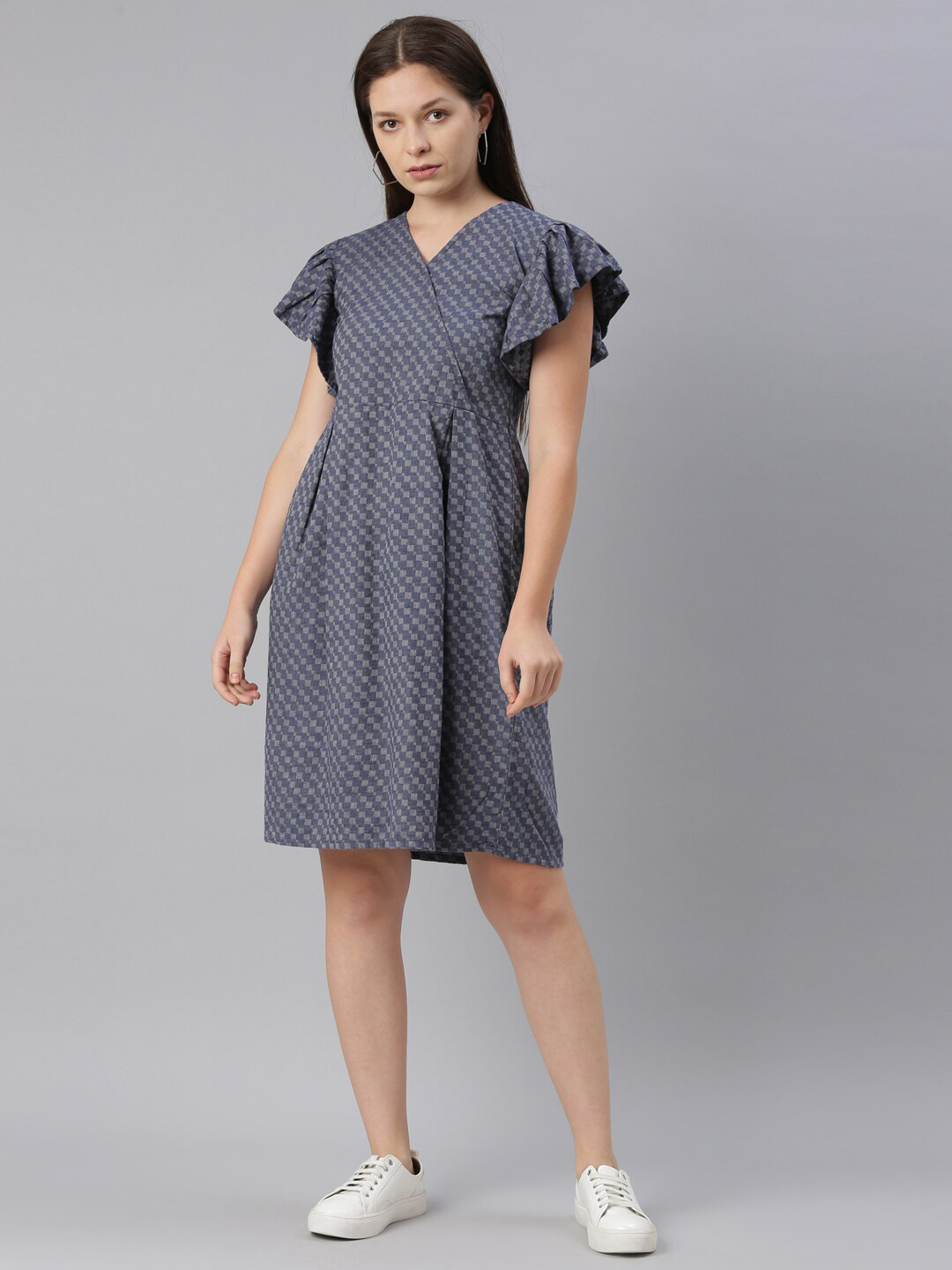 

ZHEIA Navy Blue & Grey Printed Wrap-Style Dress