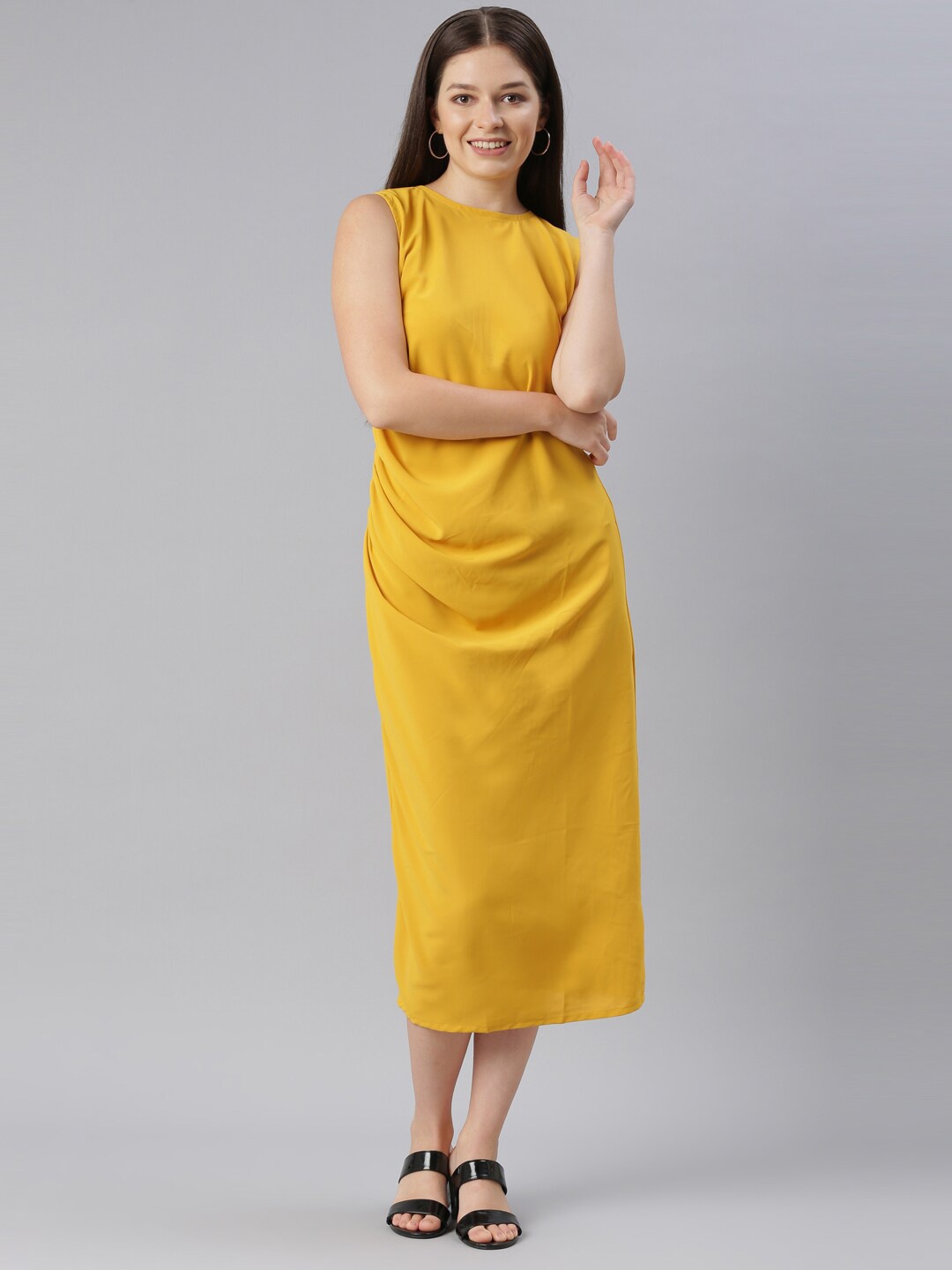 

ZHEIA Women Yellow Solid Crepe Sheath Midi Dress