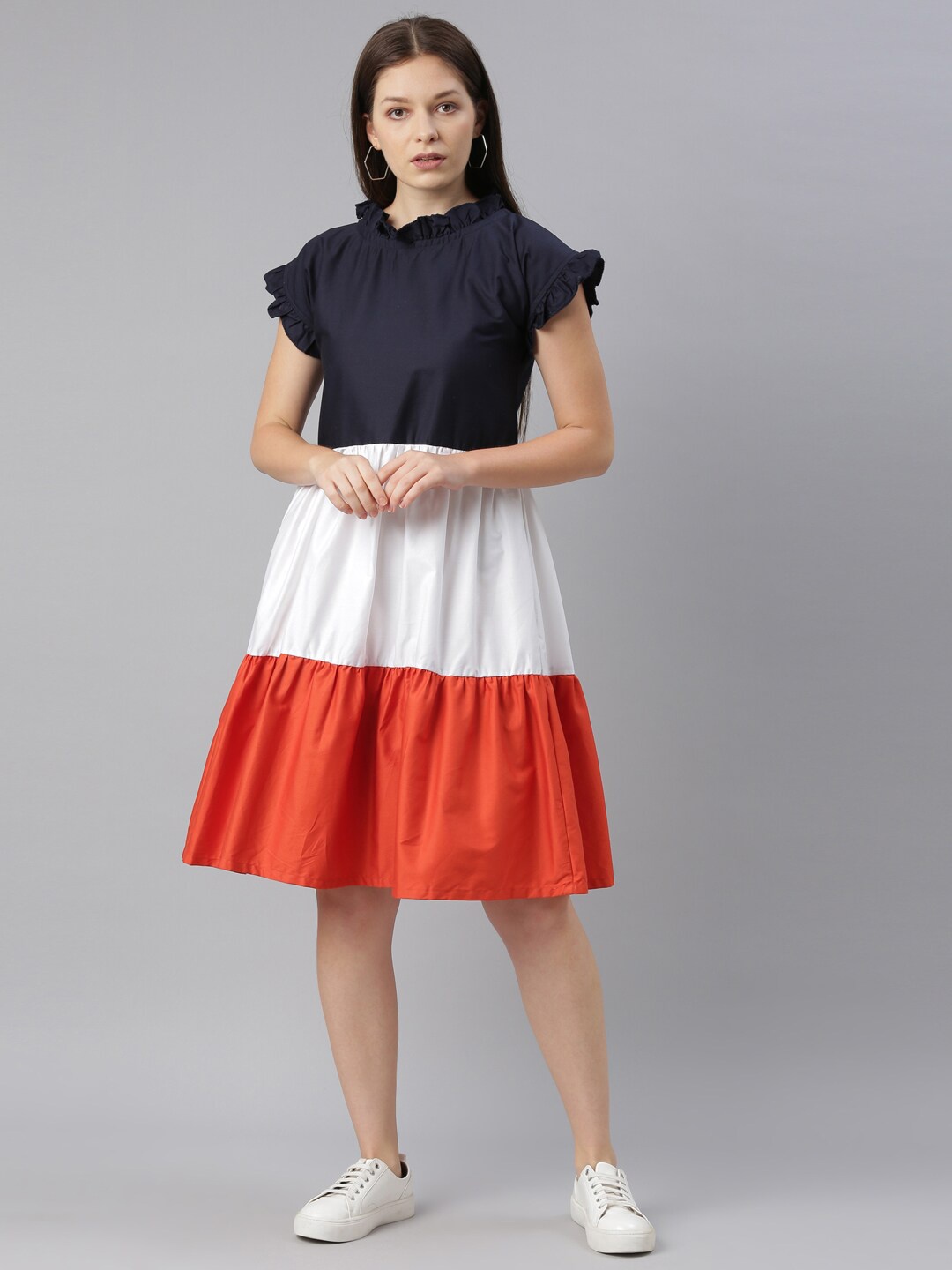 

ZHEIA Black & White Colourblocked Fit & Flare Dress