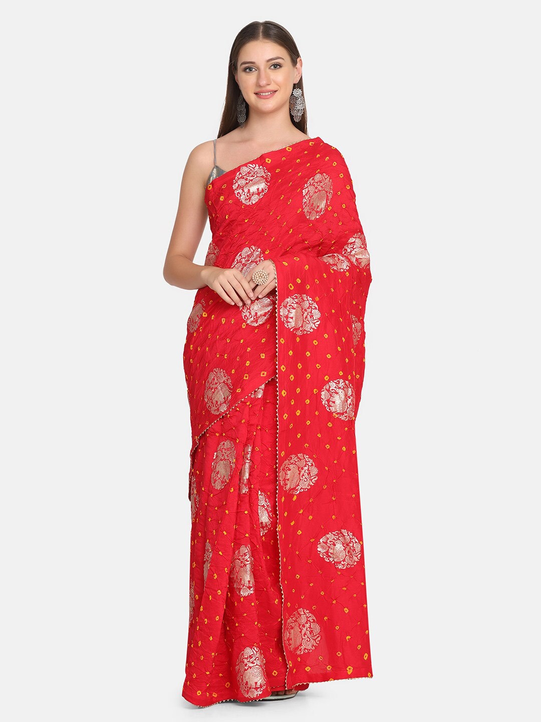 

BOMBAY SELECTIONS Magenta & Silver-Toned Bandhani Zari Pure Silk Bandhani Saree