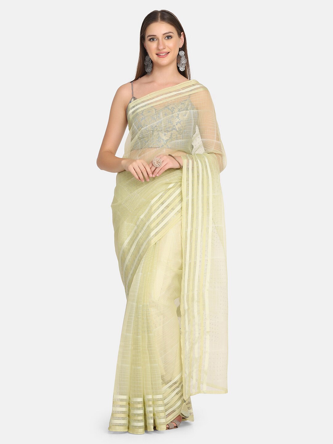 

BOMBAY SELECTIONS Green Checked Organza Saree