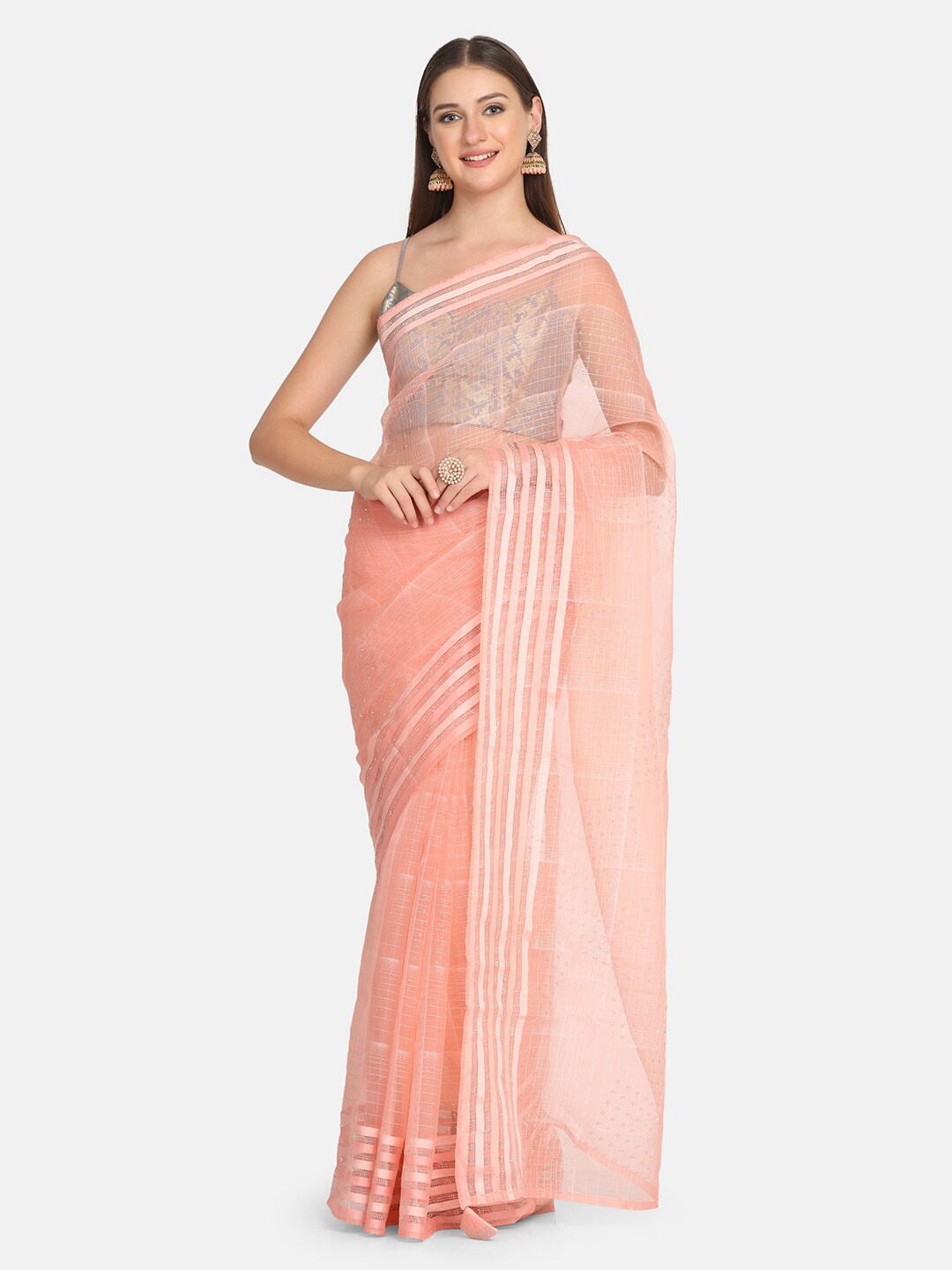 

BOMBAY SELECTIONS Peach-Coloured Checked Organza Saree