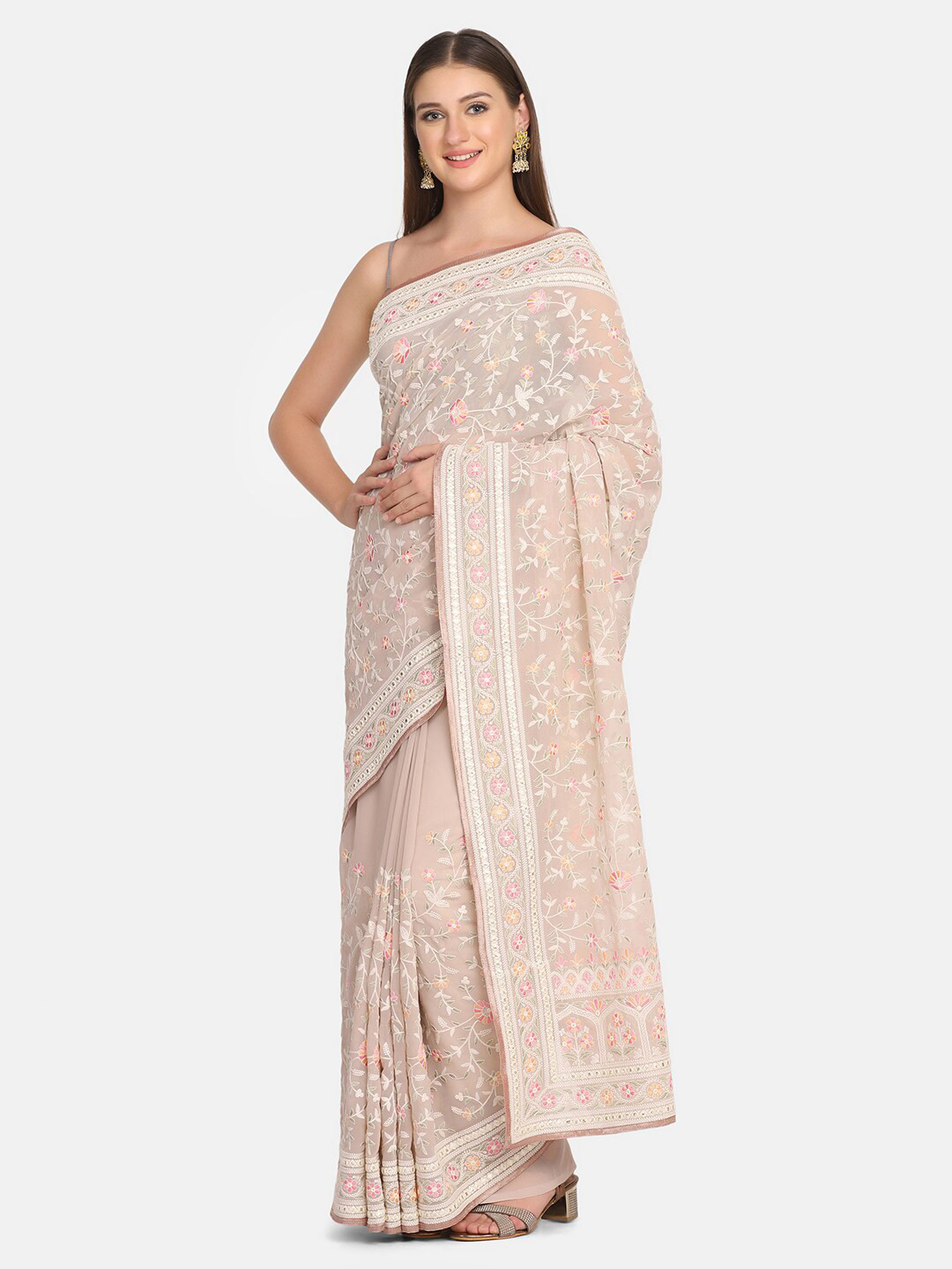 

BOMBAY SELECTIONS Beige & Pink Floral Pure Georgette Saree