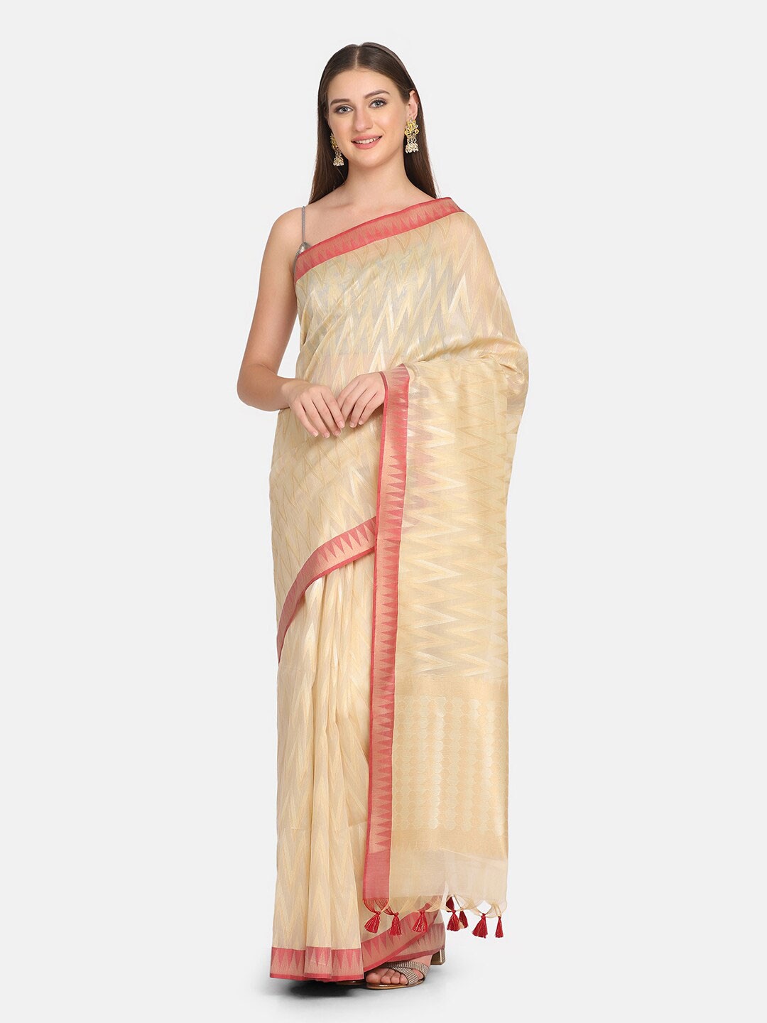 

BOMBAY SELECTIONS Gold-Toned & Red Floral Organza Banarasi Saree