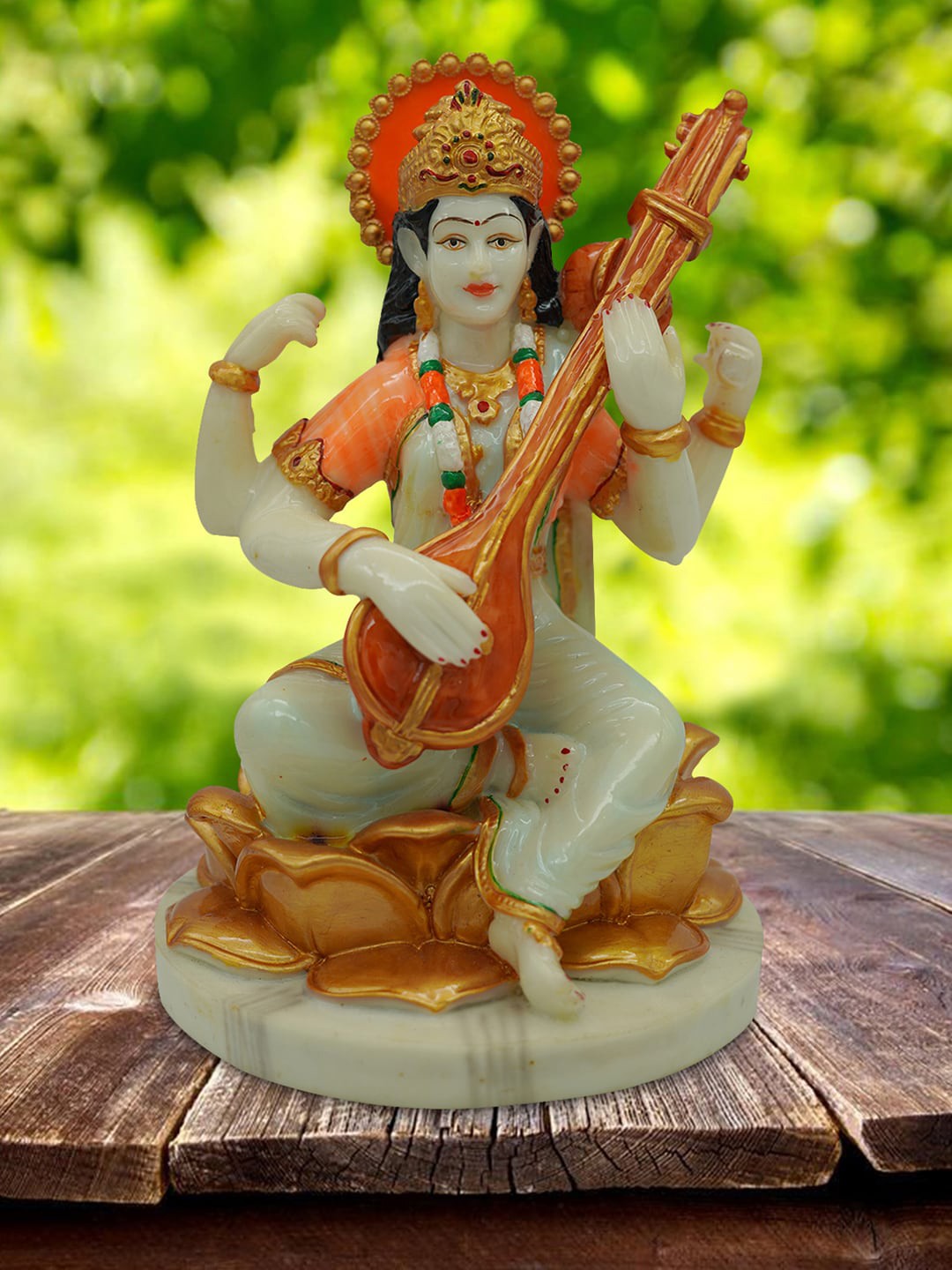 

Gallery99 White & Gold-Toned Goddess Mata Sarasvati Idol Showpieces