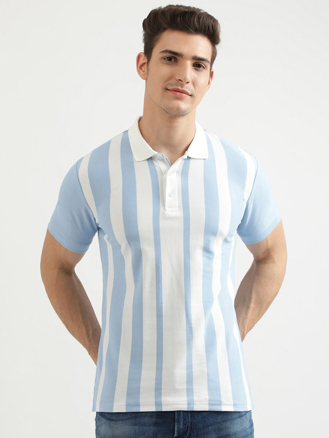 

United Colors of Benetton Men Blue Striped Polo Collar Cotton T-shirt