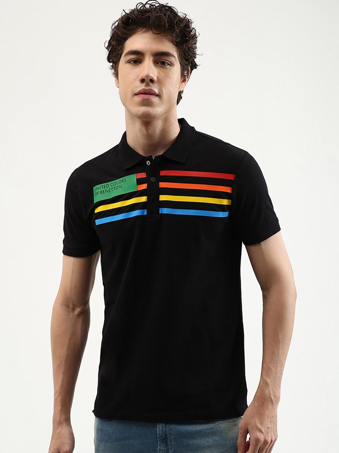 

United Colors of Benetton Men Black & Red Polo Collar T-shirt
