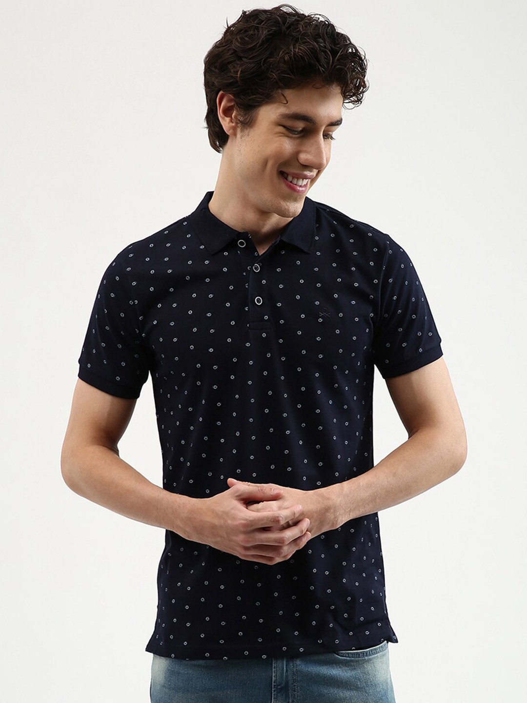 

United Colors of Benetton Men Navy Blue & White Printed Polo Collar T-shirt