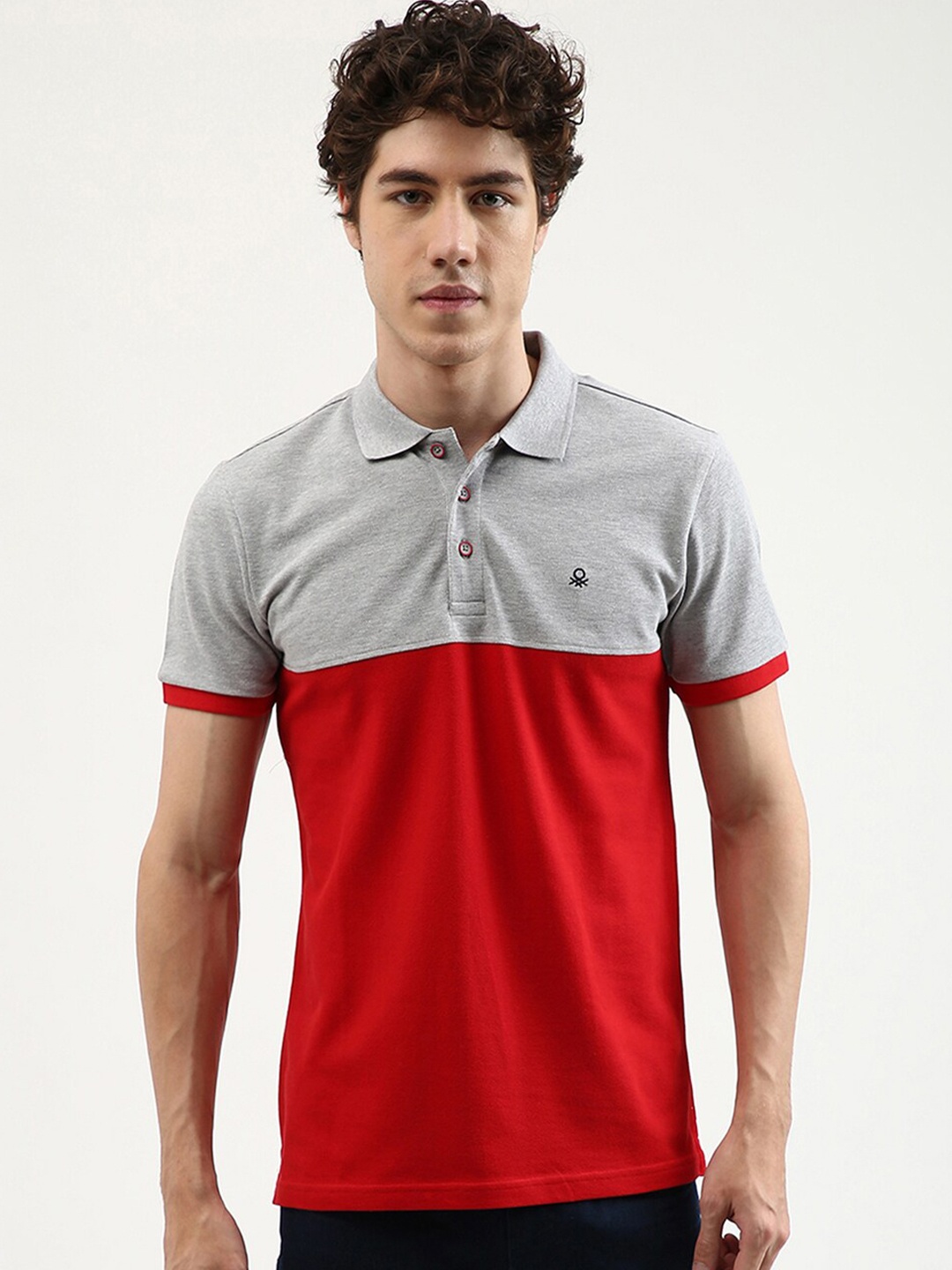 

United Colors of Benetton Men Red & Grey Colourblocked Polo Collar T-shirt