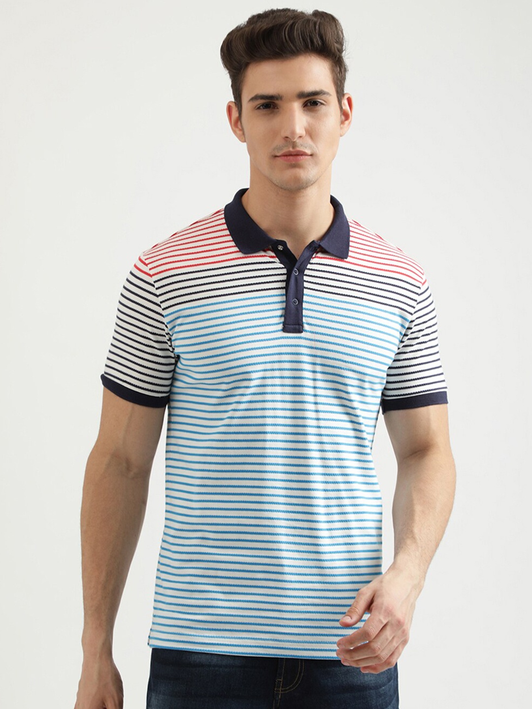 

United Colors of Benetton Men Multicoloured Striped Polo Collar T-shirt, Multi