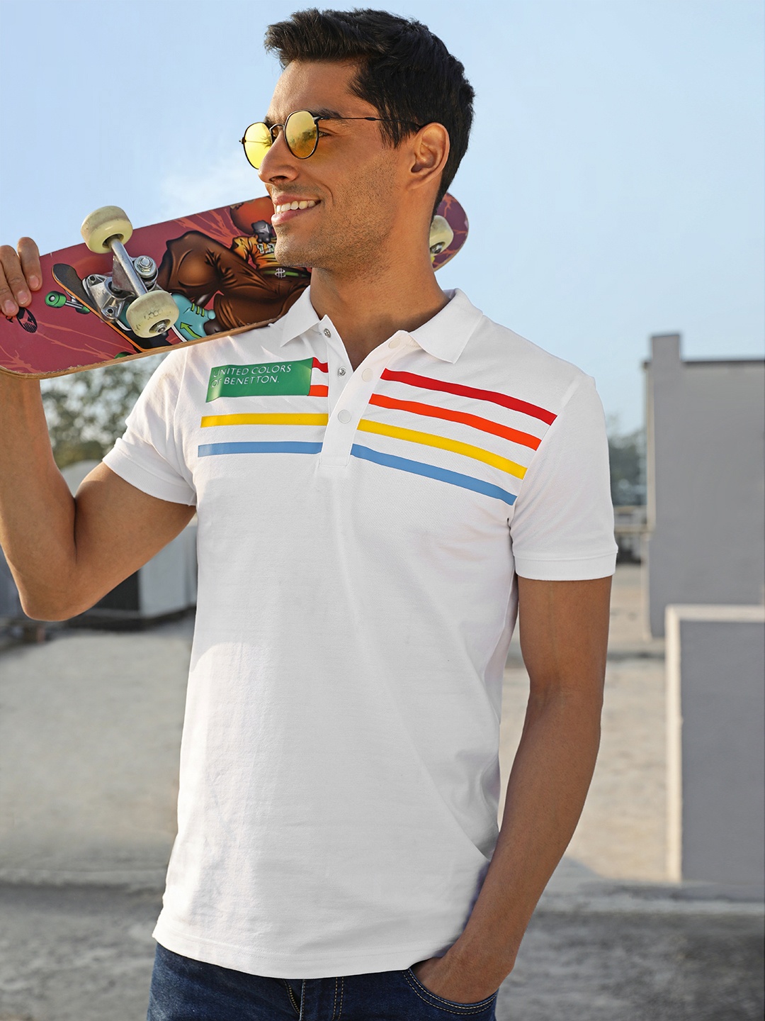 

United Colors of Benetton Men Yellow & light cyan Striped Henley Neck T-shirt