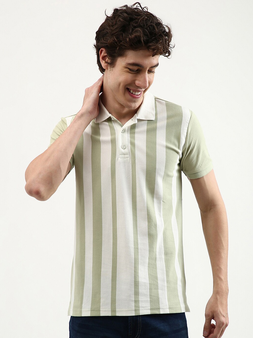 

United Colors of Benetton Men Green & mercury Striped Polo Collar T-shirt