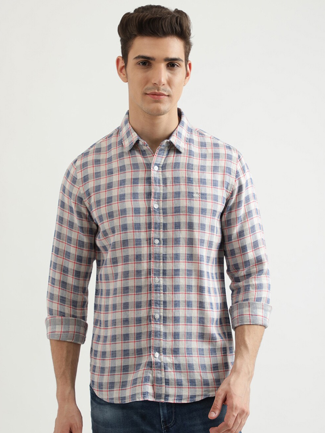 

United Colors of Benetton Men Pink Slim Fit Checked Cotton Casual Shirt