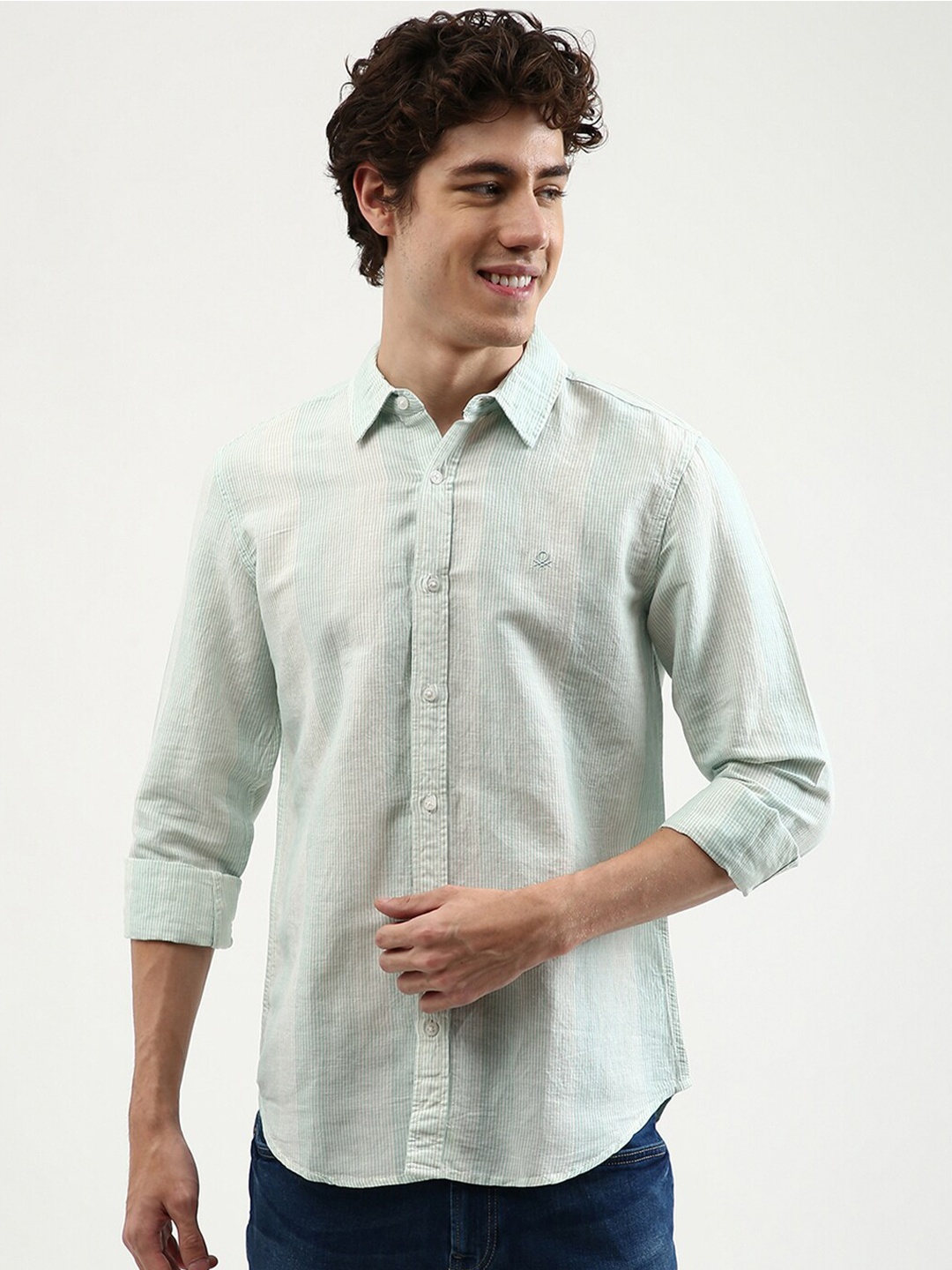 

United Colors of Benetton Men Pink & Mint Green Slim Fit Striped Linen Casual Shirt