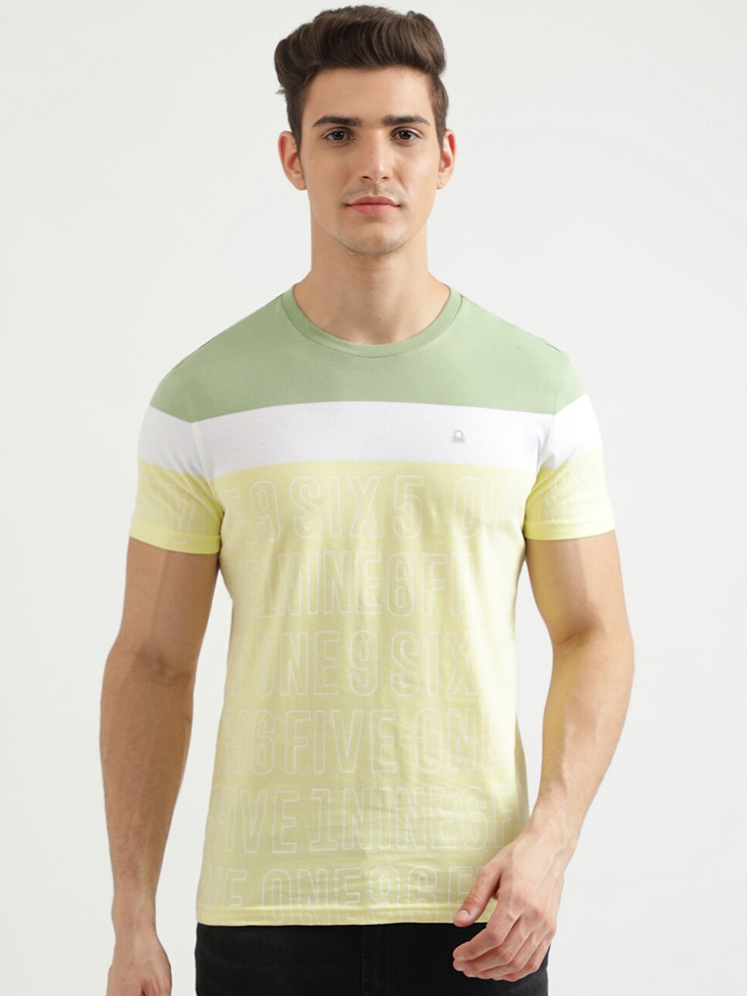 

United Colors of Benetton Men Yellow & Green Colourblocked T-shirt