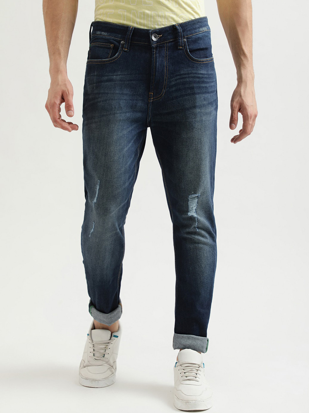 

United Colors of Benetton Men Navy Blue Low Distressed Light Fade Jeans