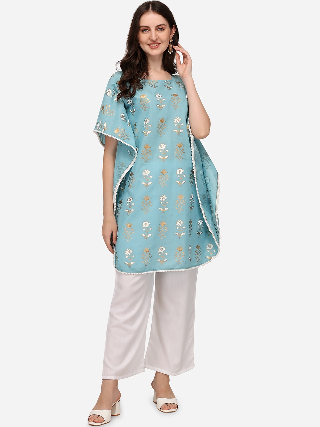 

Sitaram Designer Women Turquoise Blue Foil Printed Extended Sleeves Kaftan Kurta