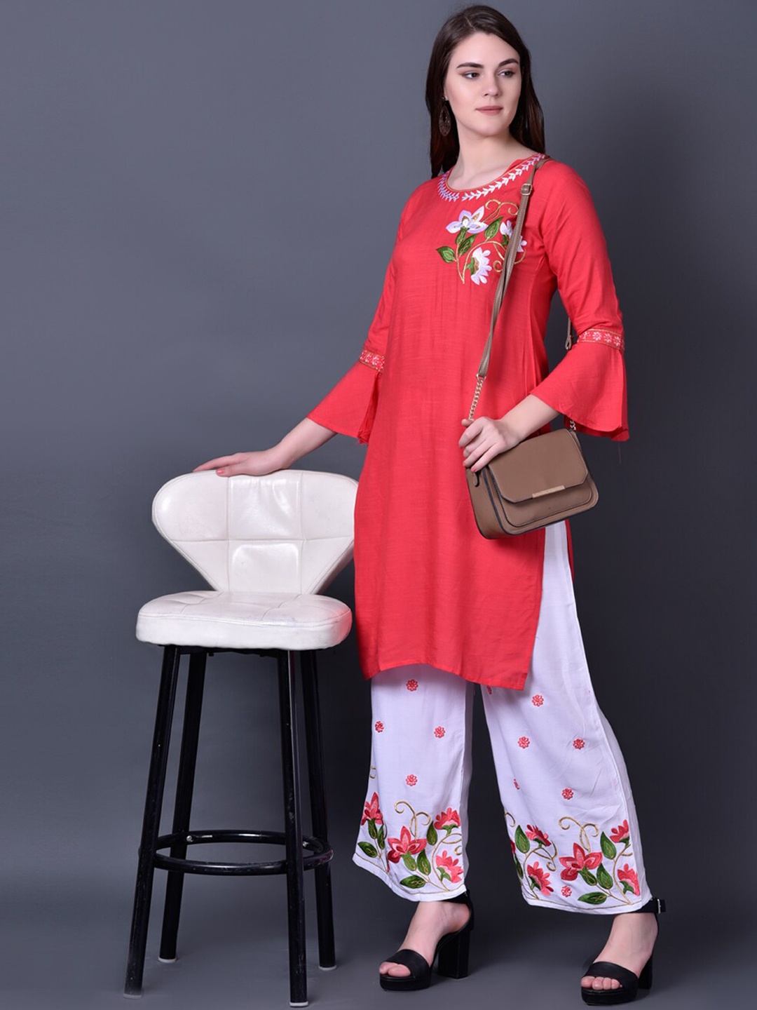 

Ziva Fashion Women Pink Floral Yoke Design Empire Kurti with Palazzos