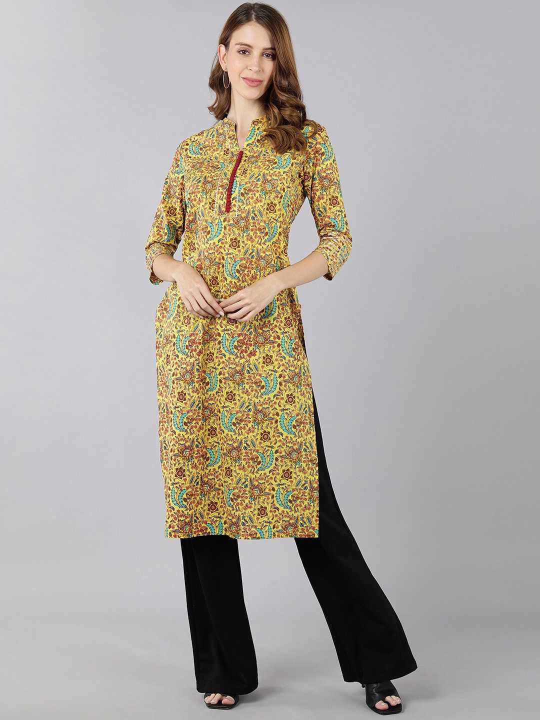 

kipek Women Mustard Yellow Floral Printed Kurta