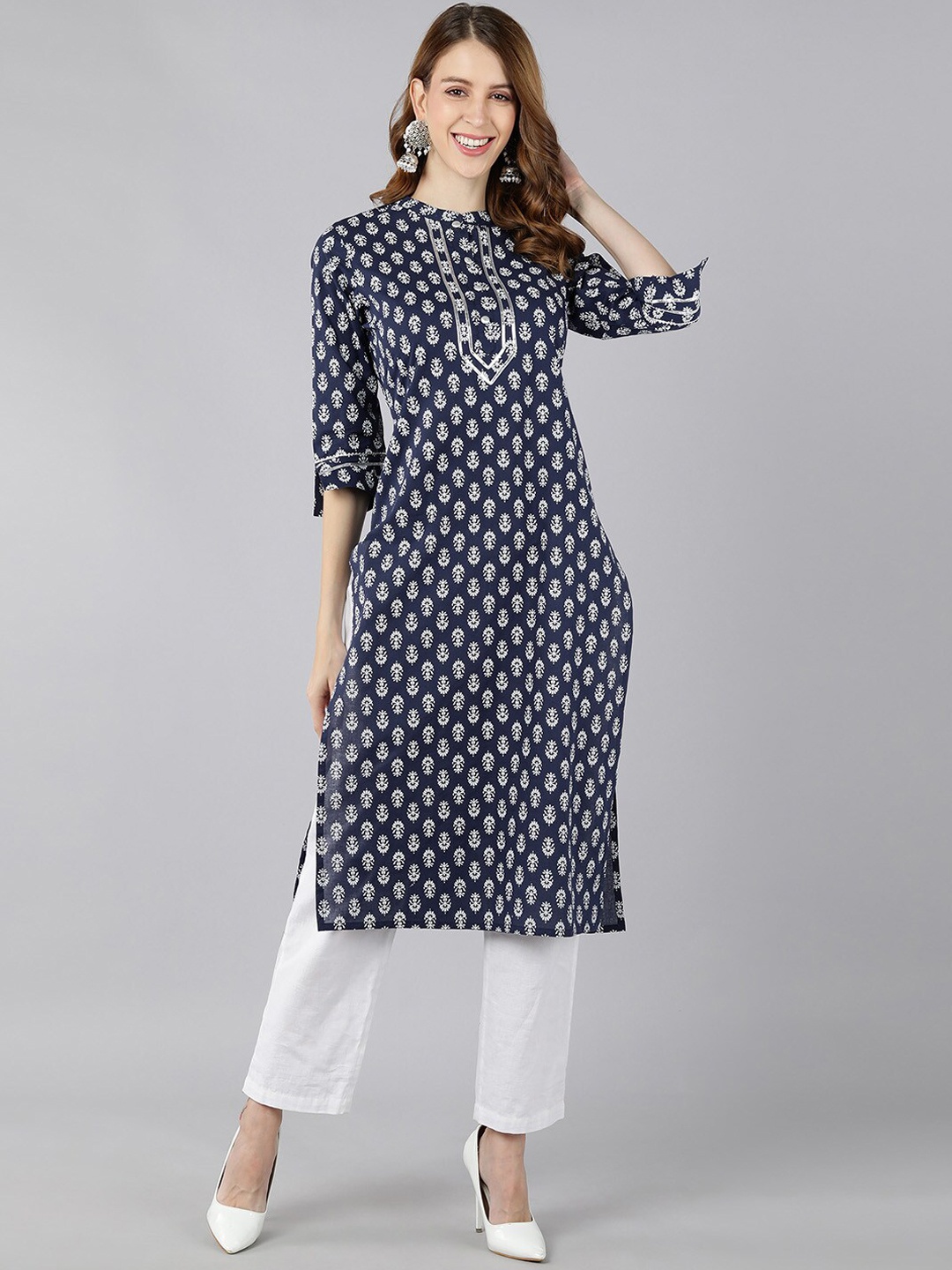 

kipek Women Navy Blue & White Ethnic Motifs Printed Kurta