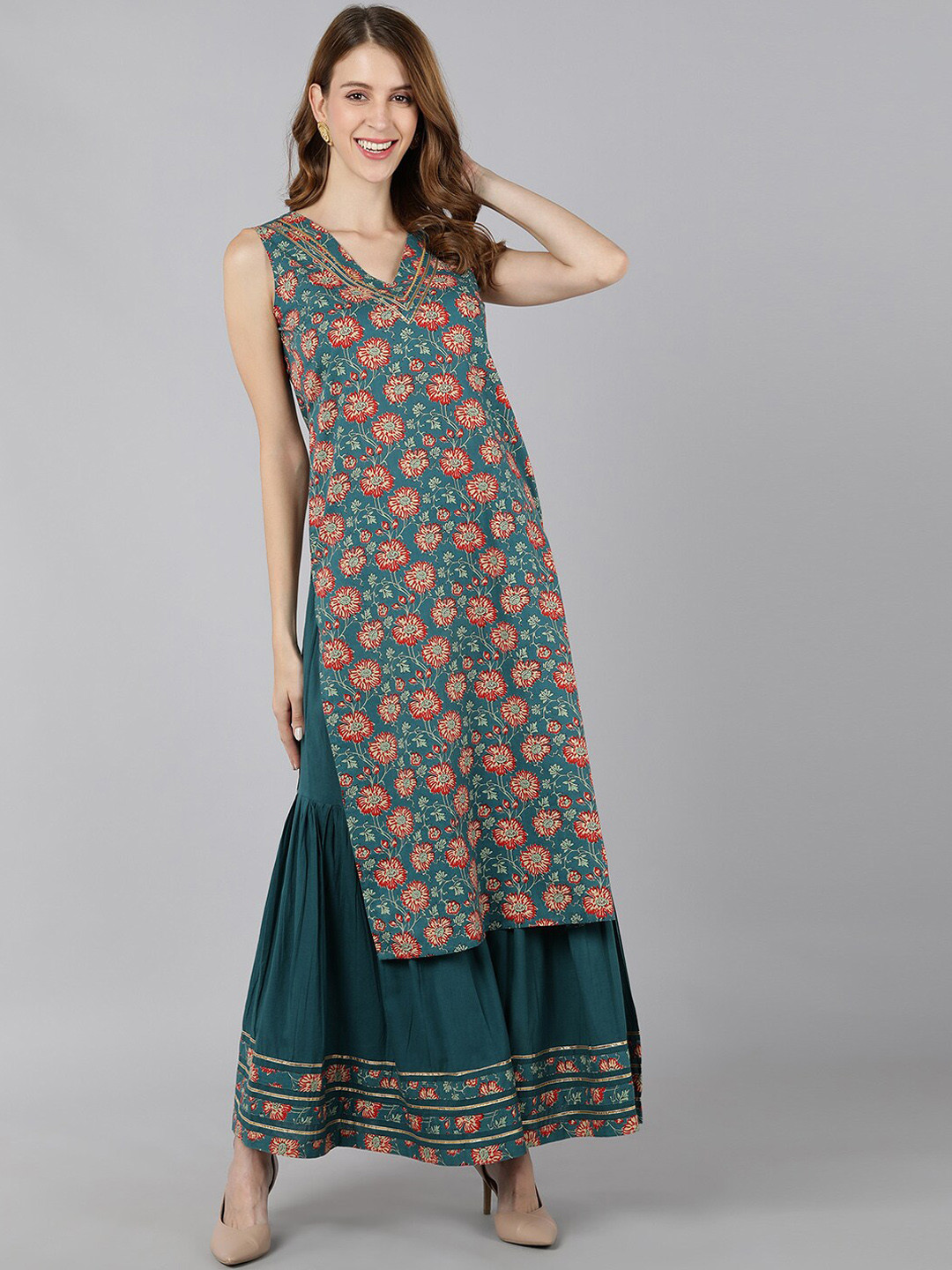 

kipek Green Floral Printed Angrakha Pure Cotton Kurta with Sharara