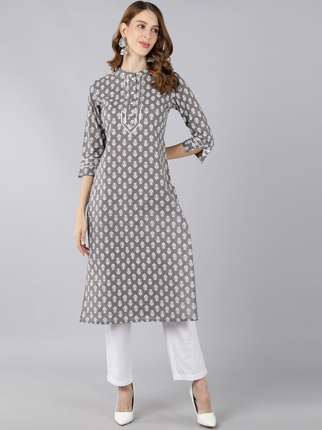 

kipek Women Grey Ethnic Motifs Printed Gotta Patti Kurta