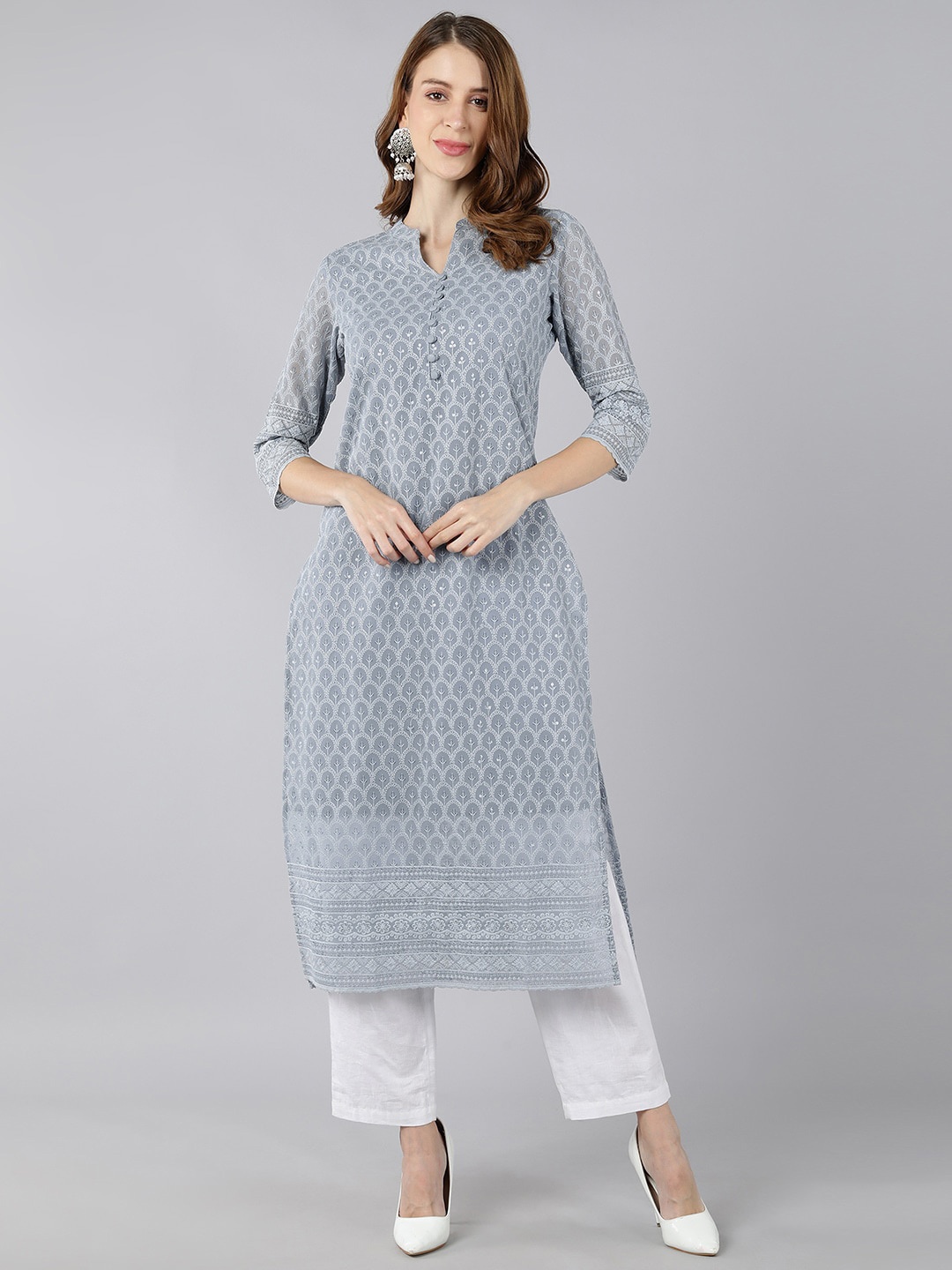 

kipek Women Grey Solid Ethnic Motifs Embroidered Georgette Straight Kurta
