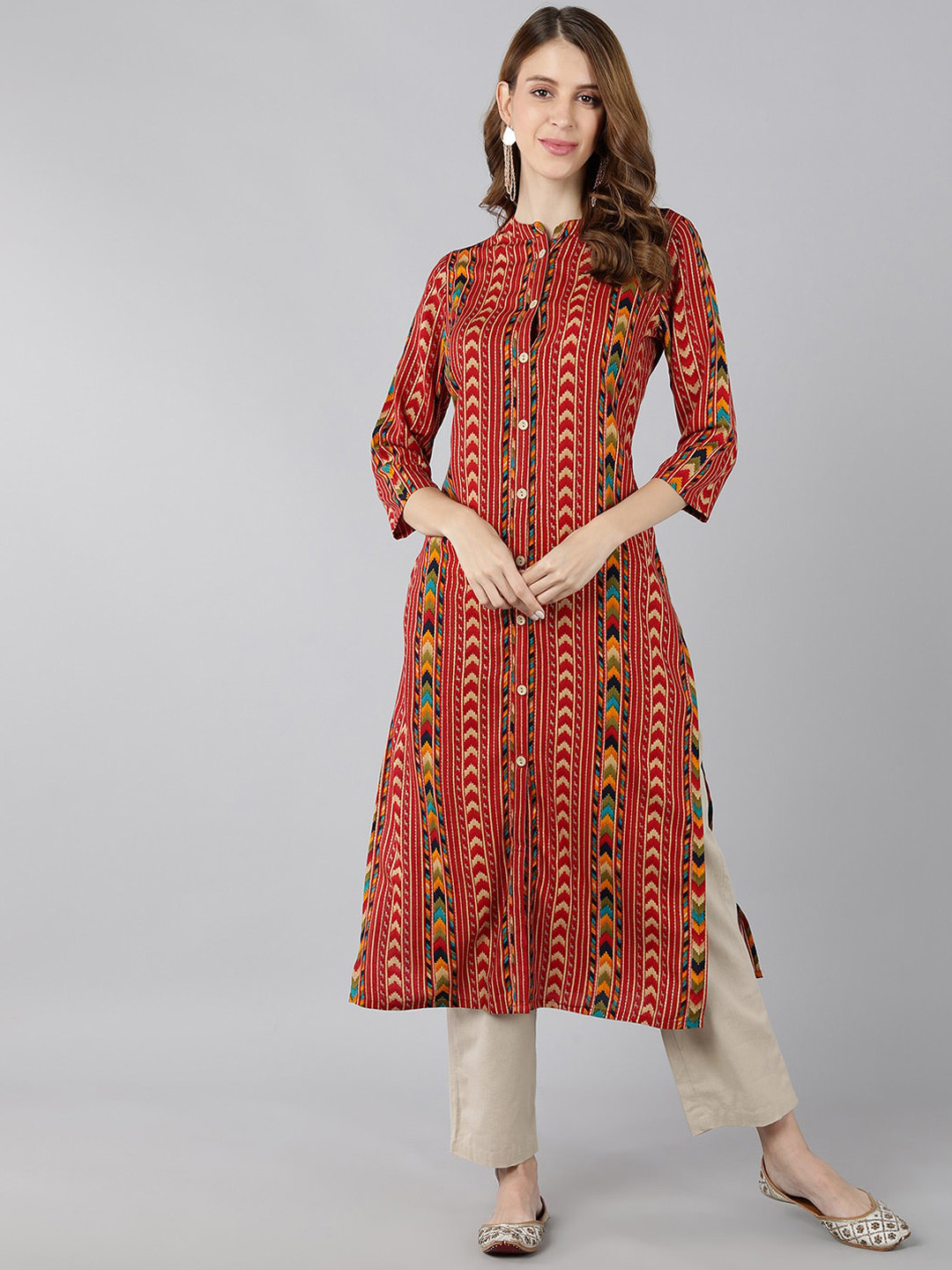 

kipek Women Red Printed Calf length Mandarin Collar with Button Placket Kurta