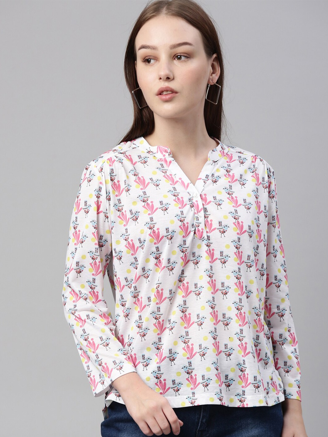 

LAYA Women White Floral Print Mandarin Collar Top