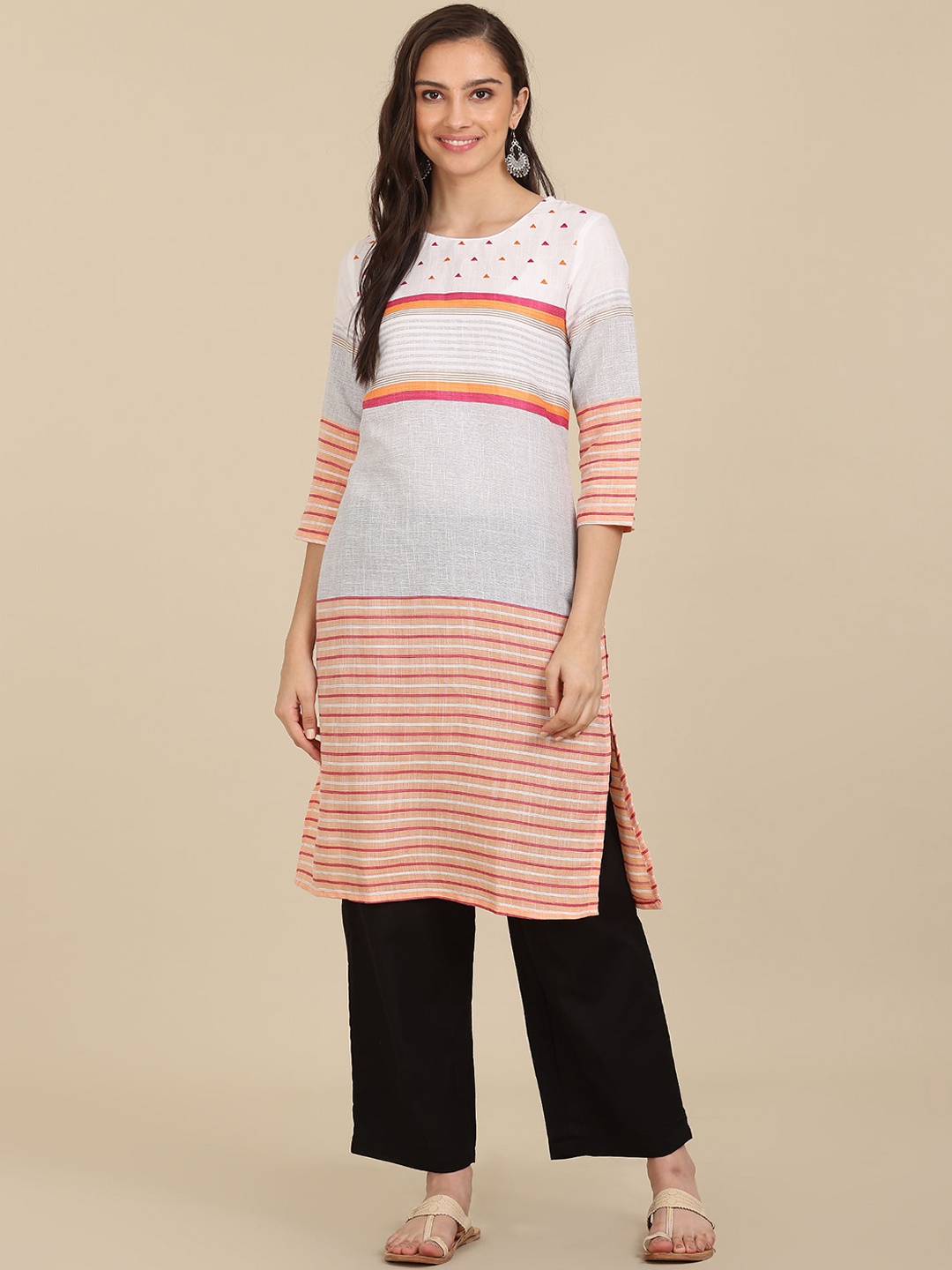 

Karigari Women Off White & Grey Striped Kurta