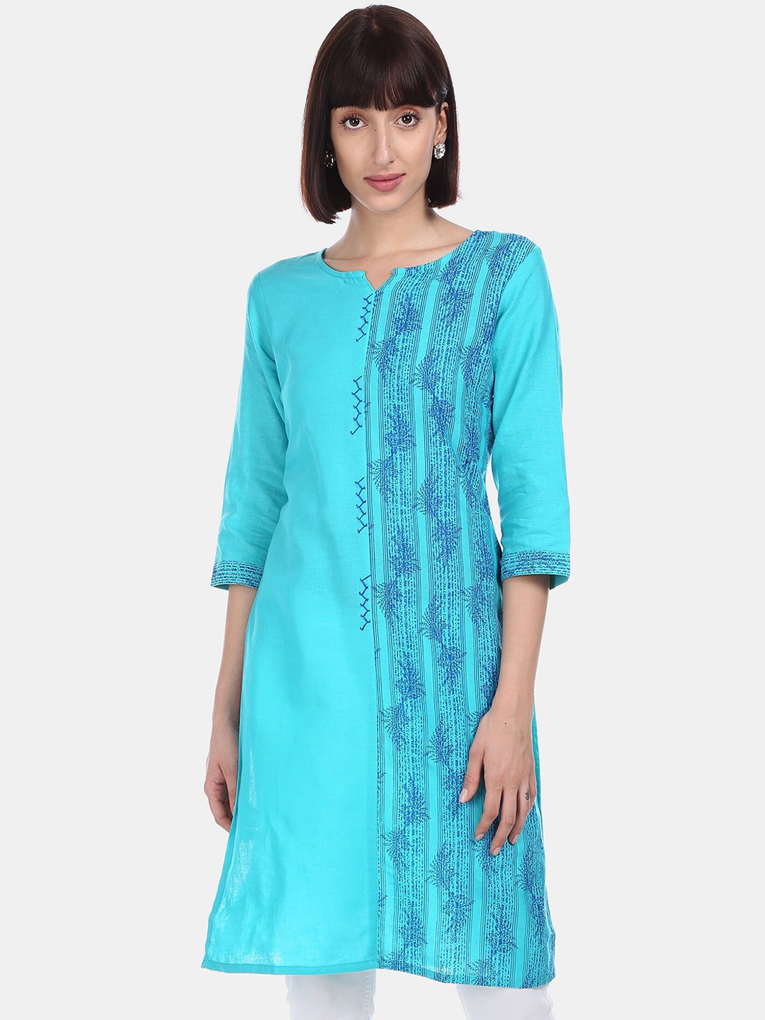 

Karigari Women Turquoise Blue Floral Printed Kurta