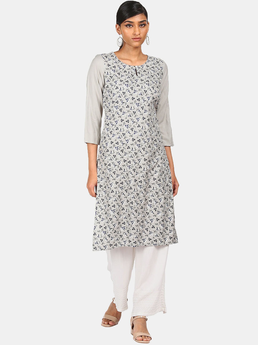 

Karigari Women Grey Floral Printed Keyhole Neck Floral Kurta