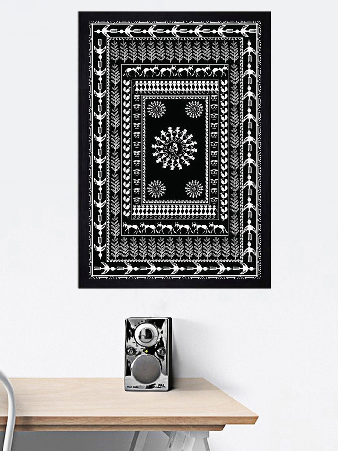 

Gallery99 Black Hand Painted Leaf & Warli Texture Paper Framed Wall Art