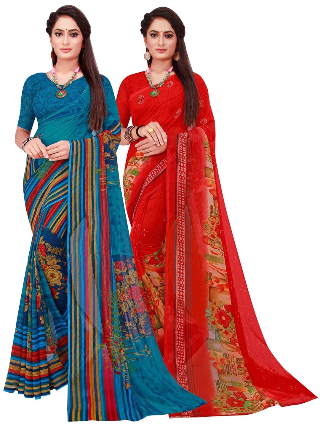 

SAADHVI Women Orange Sarees, Red