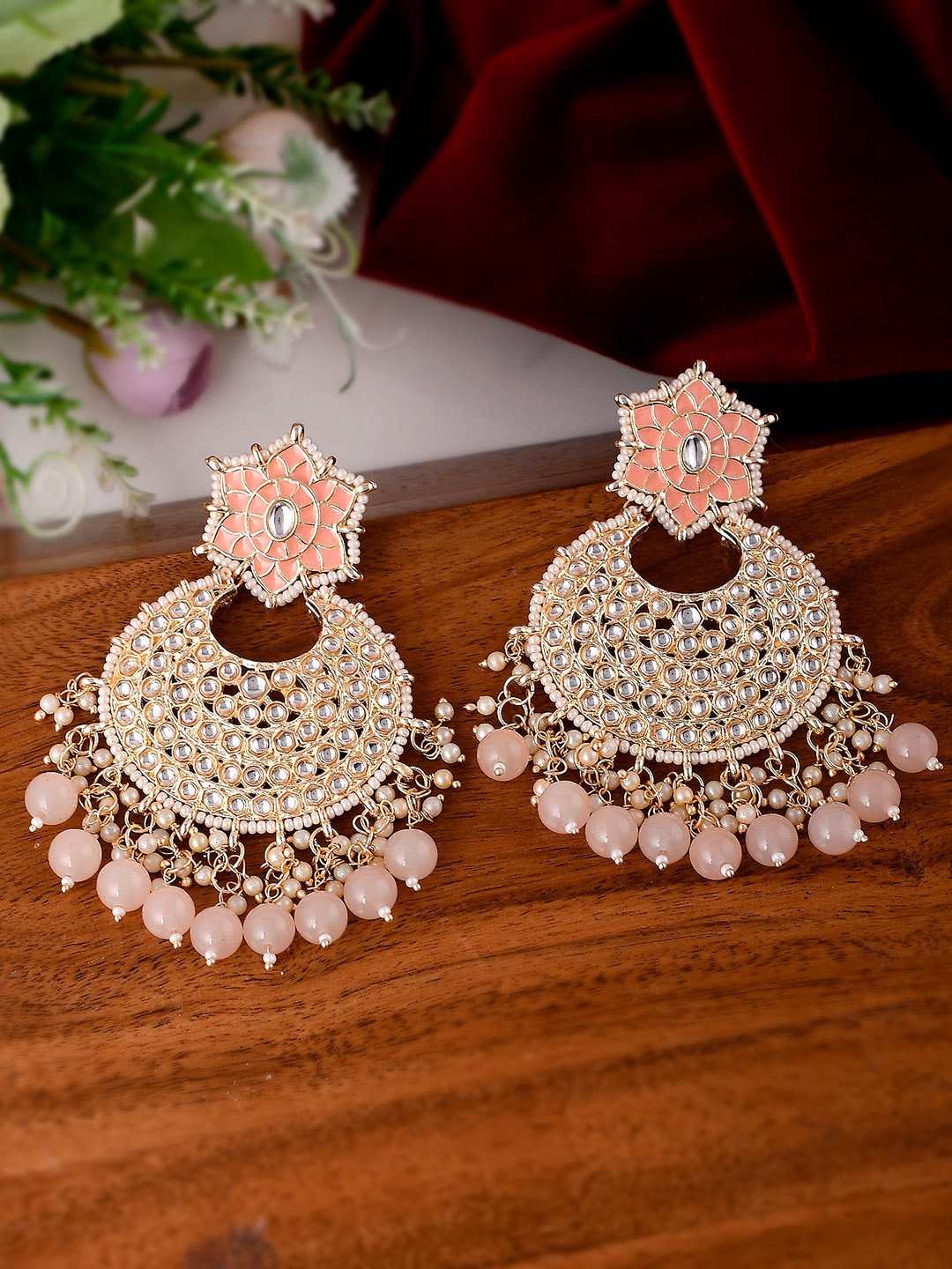 

Shoshaa Gold-Plated Handcrafted Enamel & Kundan Chandbali Earrings