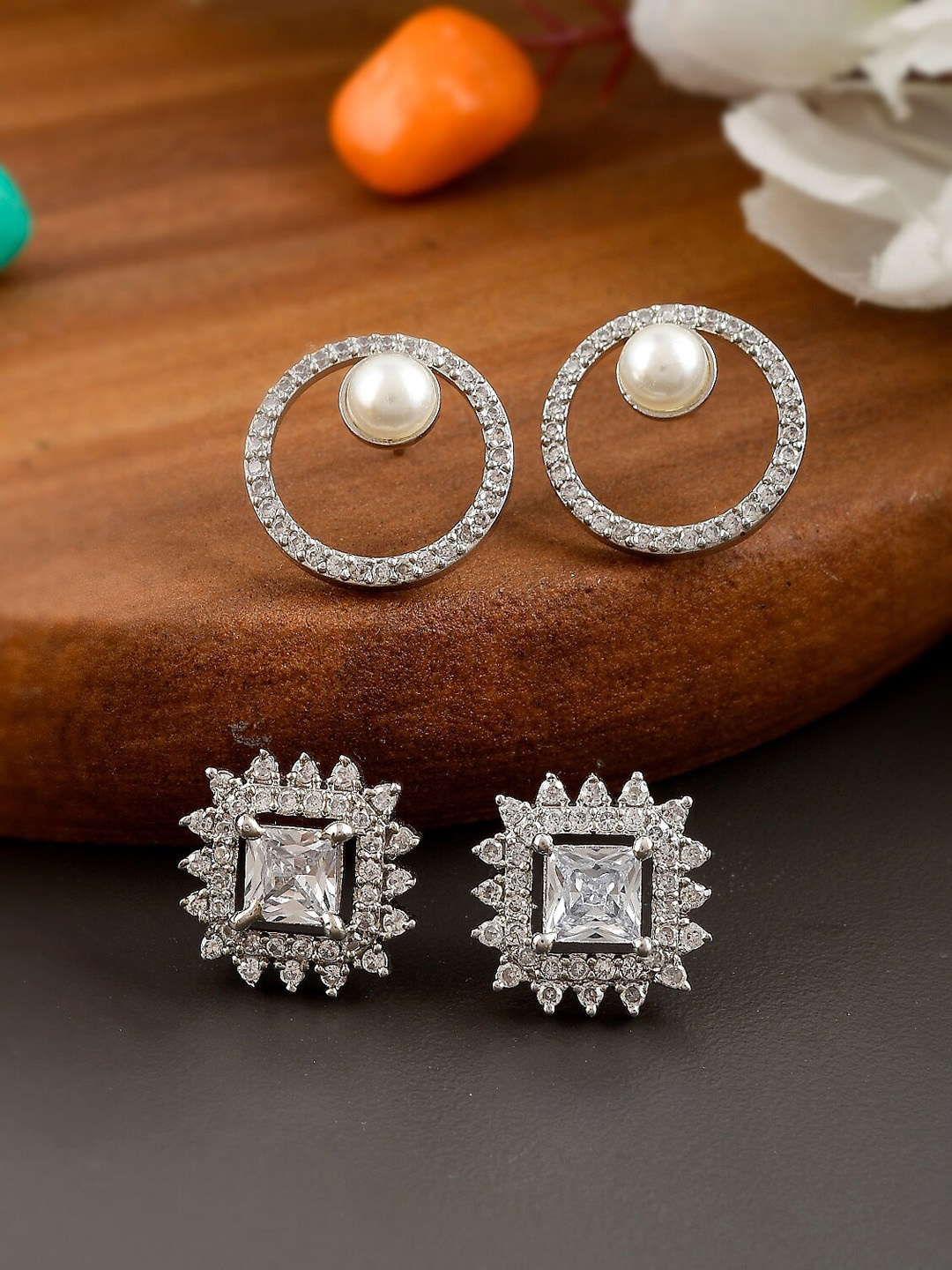 

Shoshaa Set of 2 Silver-Toned AD Stones Contemporary Studs Earrings