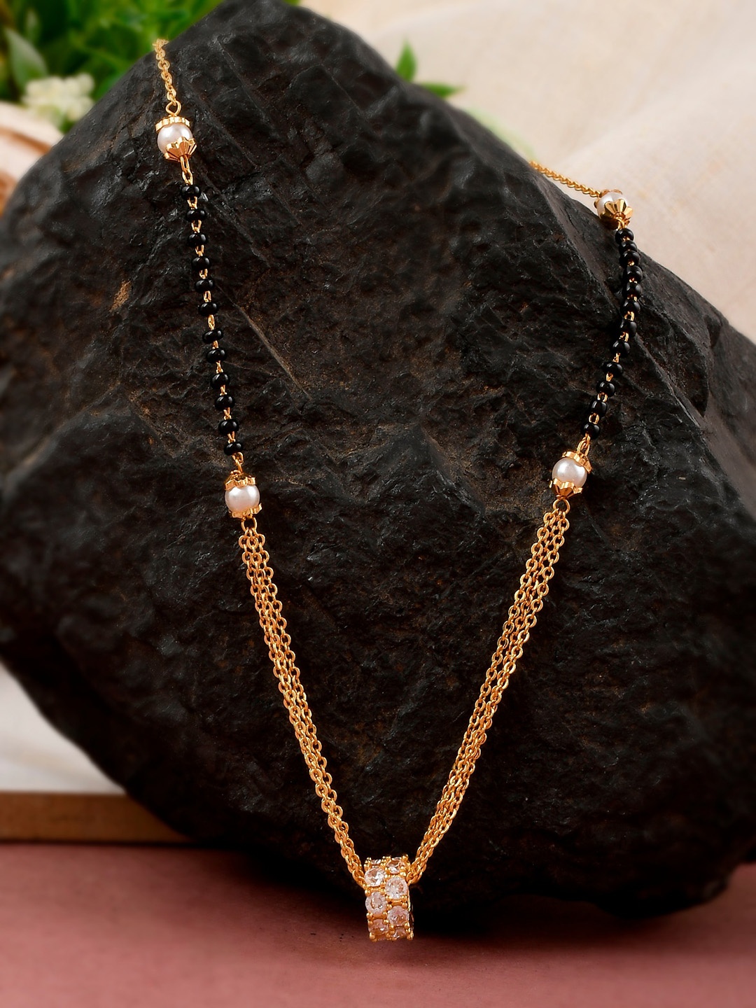 

Shoshaa Gold-Plated Black Beaded White CZ-Studded Mangalsutra