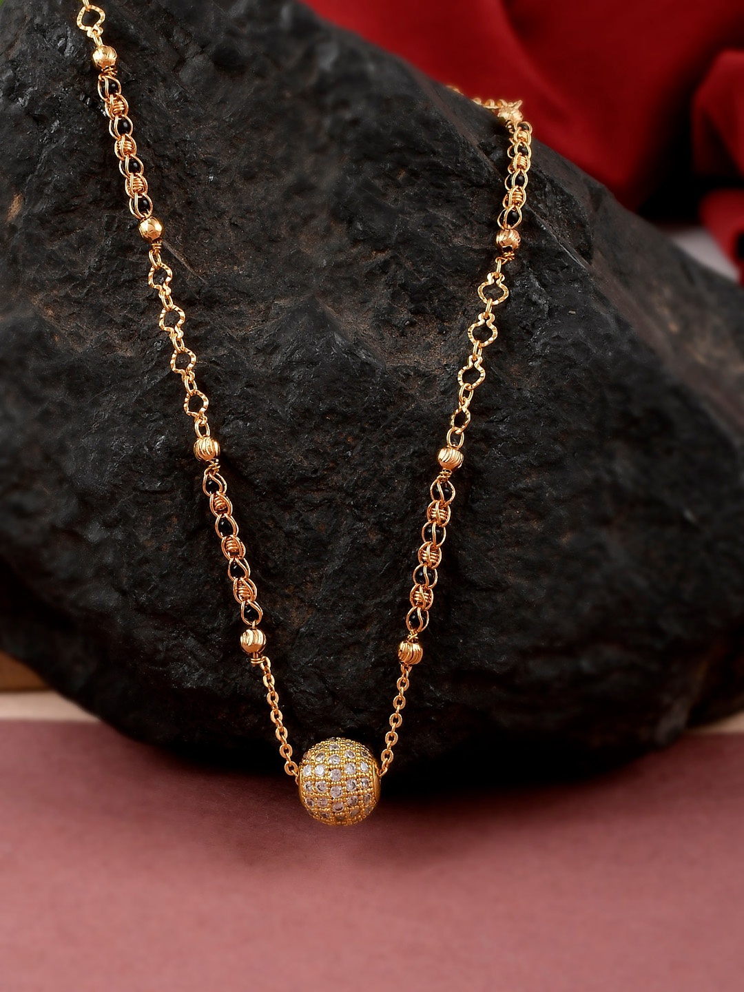 

Shoshaa Gold-Plated Black & White Beaded & Stone-Studded Mangalsutra