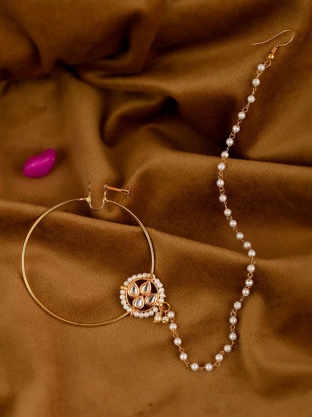 

Shoshaa Gold-Plated White Kundan-Studded Beaded Nosering with chain