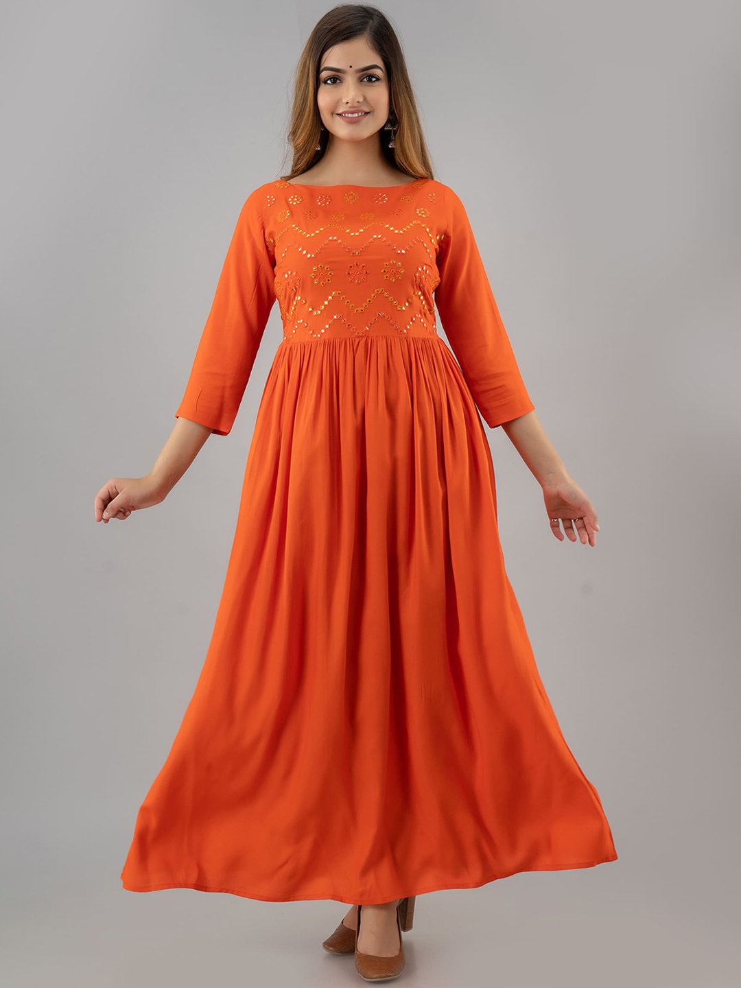 

KIMAYRA Women Orange Yoke Design Cold-Shoulder Sleeves Anarkali Kurta