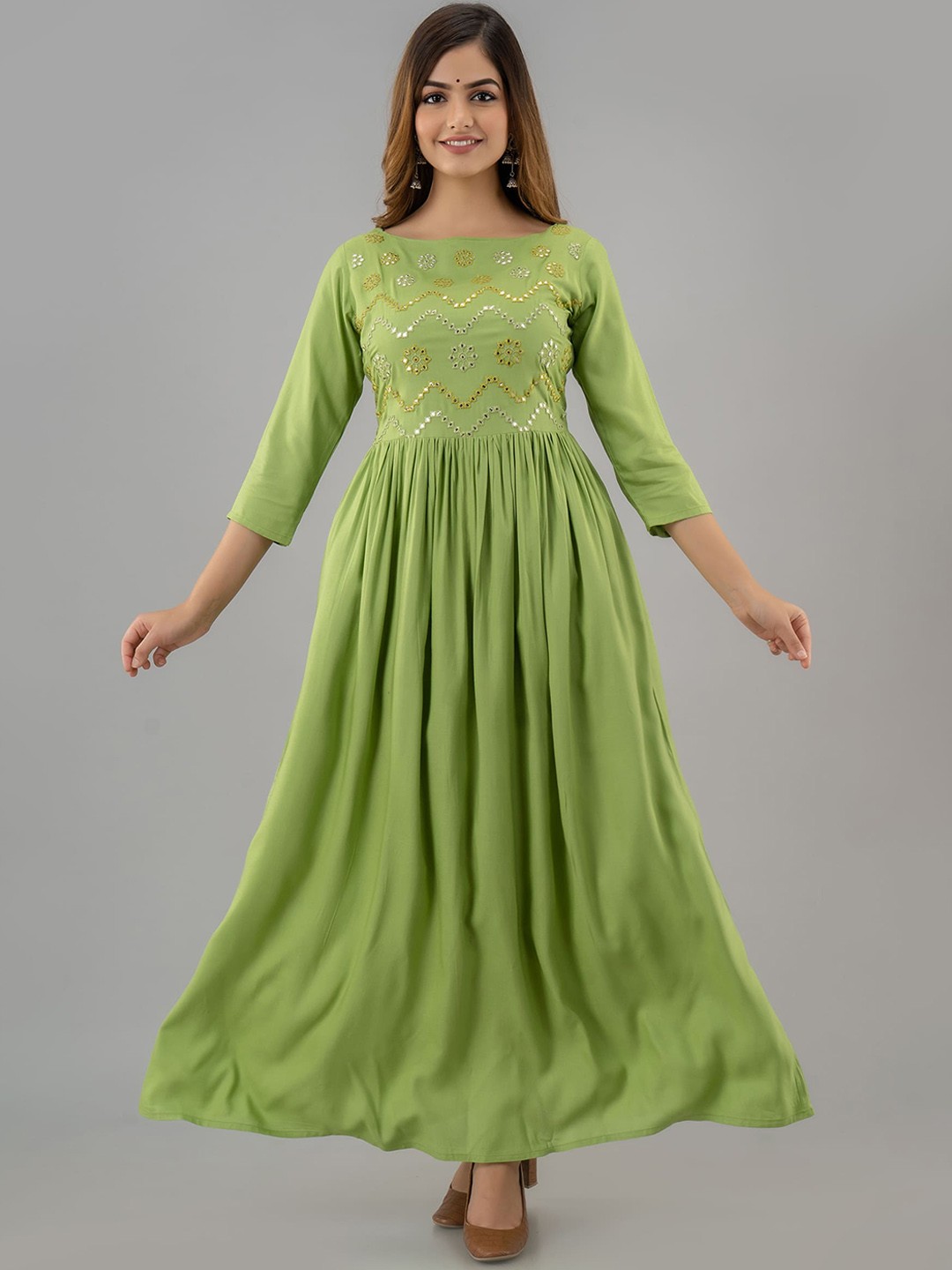 KIMAYRA Women Green Yoke Design Yoke Design Flared Sleeves Anarkali Kurta